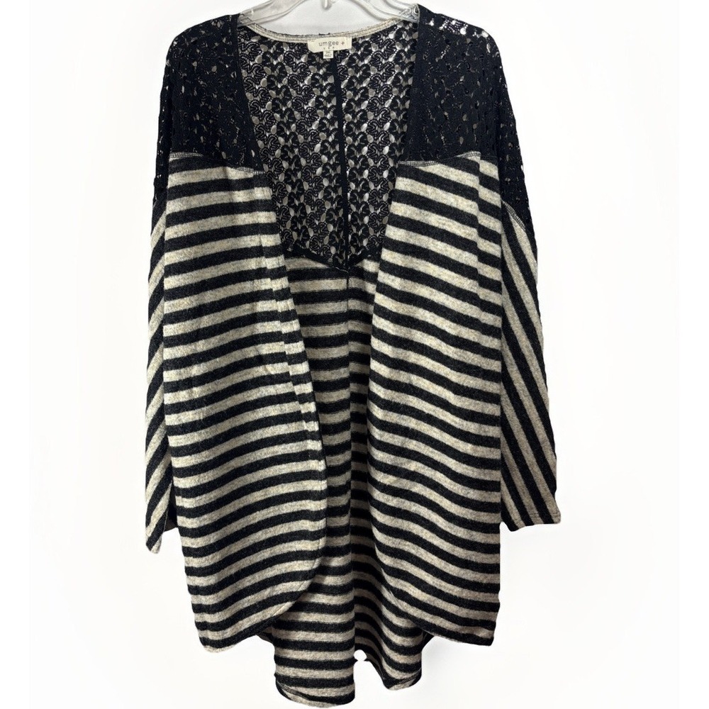 Umgee USA 2XL Open Front Cardigan Sweater Black Oatmeal Stripe Lace Crochet Boho